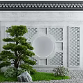 Chinese Style Scenic Wall Featuring Gray Circular Hollow Design Tile Decoration Green Plants And Stones