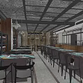 Industrial Style Restaurant Interior With Large Screen Bar Counter Wine Racks Tables And Chairs