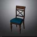 Wooden Chair With Cross Back Design Blue Upholstered Seat And Carved Legs