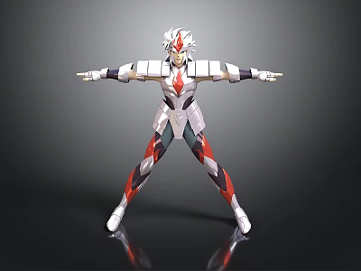 Mythical Armored Creature With White Red Gray Armor And Spiked Headpiece Standing On Reflective Surface 3d model