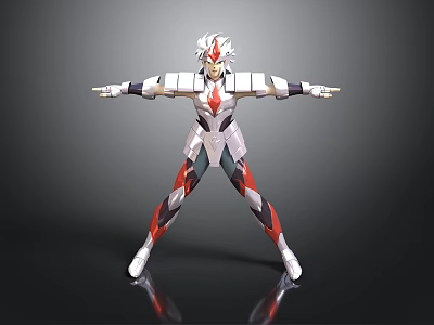 Mythical Armored Creature With White Red Gray Armor And Spiked Headpiece Standing On Reflective Surface 3d model