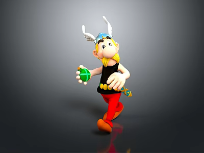 Cartoon Character in Horned Helmet Walking Holding Green Ball with Black Top and Red Pants 3d model