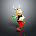 Cartoon Character in Horned Helmet Walking Holding Green Ball with Black Top and Red Pants