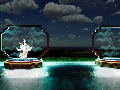 Outdoor Art Installation Featuring Two Framed Structures Clouds Female Figure Against Night Sky Illuminated Ground 3d model