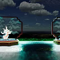 Outdoor Art Installation Featuring Two Framed Structures Clouds Female Figure Against Night Sky Illuminated Ground