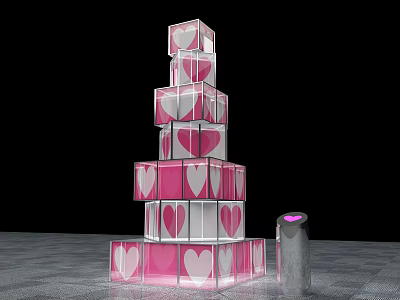 Transparent Cube Stacked Tower Art Installation With Pink Heart Patterns And Silver Device Purple Light 3d model