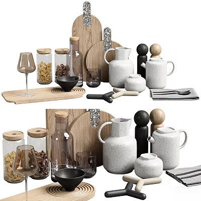 Stylish Kitchen Essentials Including Glass Jars Wooden Cutting Board Ceramic Jugs And Utensils 3d model
