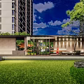 Modern Garden Landscape Design With Green Lawn Trees Stones And Sofa Coffee Table