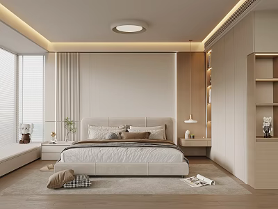 Modern Bedroom Interior Design With Comfortable Bed Built In Cabinets And Soft Lighting 3d model
