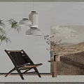 Modern Leisure Chair In Cozy Interior With Pendant Lights Potted Plant Side Table And Artwork