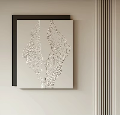 Abstract Painting Hanging On Light Wall With White Background Black Flowing Lines And Black Frame 3d model