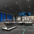 Art Exhibition Hall With Display Cabinets Blue Backdrop Walls And Circular Ceiling Decoration