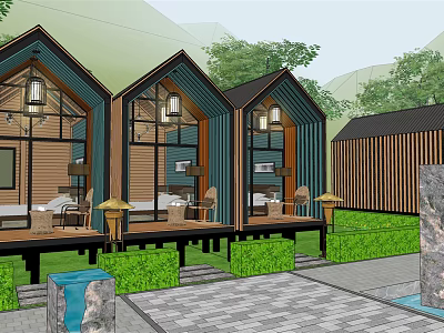 Boutique Guesthouse Wooden Architecture With Gabled Roof Large Glass Windows And Outdoor Terrace 3d model