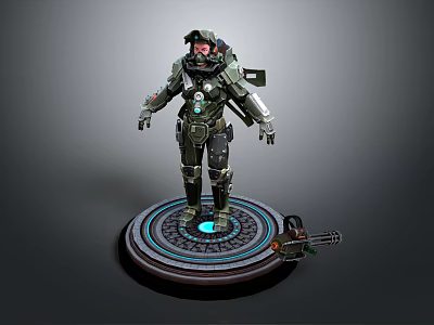 Futuristic Armored Character in Suit Standing on Platform with Glowing Blue Elements and Side Device 3d model