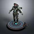 Futuristic Armored Character in Suit Standing on Platform with Glowing Blue Elements and Side Device 3d model