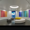 Modern Circular Interior With Colorful Panel Walls Curved Sofas And Display Area 3d model