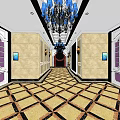Luxurious KTV Corridor With Chandelier Decorative Paintings Purple Doors And Patterned Floor