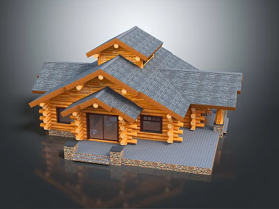 Rustic Log Cabin Structure Featuring Gray Sloped Roof Porch And Wooden Steps 3d model