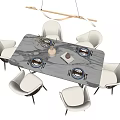 Modern Dining Table Set With Marble Top Beige Gray Chairs Floral Vase And Pendant Light