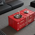 Red Container Shaped Coffee Table With Black Sofas On Gray Carpet In Living Room 3d model