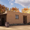 Desert Adobe House With Autumn Trees Wooden Barrels And Tools Under Cloudy Sky