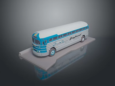 Blue And White Greyhound Bus Model Displayed On Grey Stand 3d model