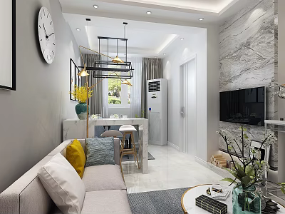 Modern Living and Dining Room Interior Design With Sofa Pillows Chandelier And Marble Wall 3d model