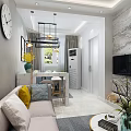 Modern Living and Dining Room Interior Design With Sofa Pillows Chandelier And Marble Wall