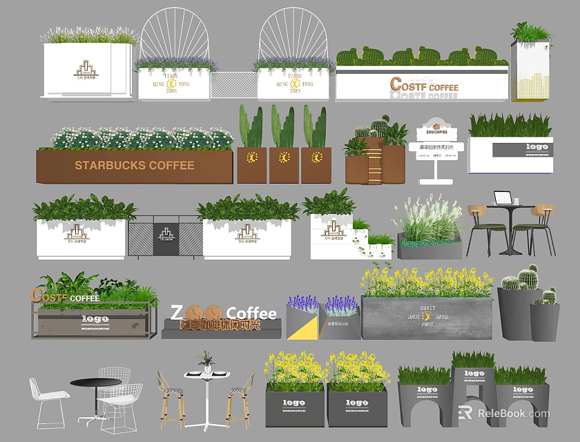 Outdoor Coffee Shop Flower Planters With Green Plants And Brand Logos 3d model 