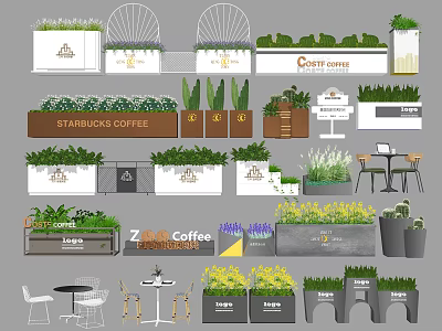 Outdoor Coffee Shop Flower Planters With Green Plants And Brand Logos 3d model