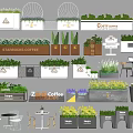 Outdoor Coffee Shop Flower Planters With Green Plants And Brand Logos