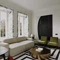 Modern Apartment Living Room With Sofa Green Chairs And Marble Accents