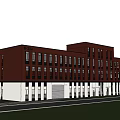 Red Brick Industrial Factory Building Featuring White Base Many Windows Green Lawn And Parking Lot