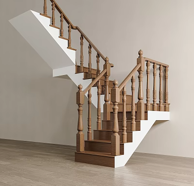 Modern Wooden Staircase with White Steps Elegant Handrail Light Colored Walls and Flooring 3d model