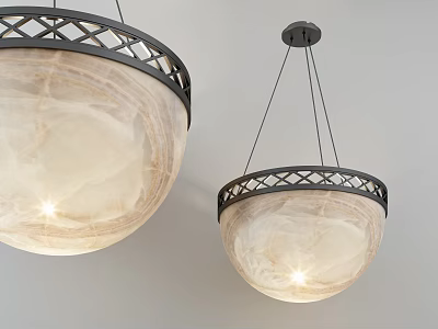 Modern Chandeliers With Marble Textured Shades And Black Geometric Frames Hanging From Ceiling 3d model