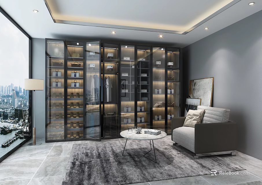 Modern Wardrobe Interior Design With Glass Doors And Storage Shelves In Living Room 3d model 