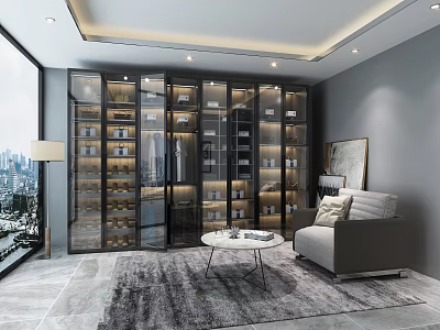 Modern Wardrobe Interior Design With Glass Doors And Storage Shelves In Living Room 3d model