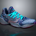 Stylish Blue Sneakers With Turquoise Laces And Colorful Speckles On Purple Sole