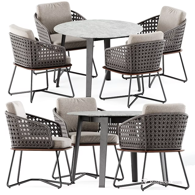 Modern Round Dining Set With Wicker Chairs Beige Cushions And Metal Legs 3d model