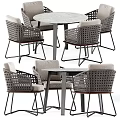 Modern Round Dining Set With Wicker Chairs Beige Cushions And Metal Legs 3d model