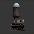 Vintage Rusty Industrial Metal Device With Blue Dome On Concrete Base