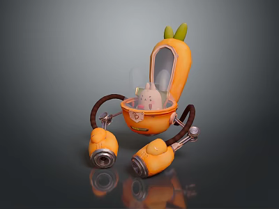 Orange Cartoon Carrot Shaped Vehicle With Small Rabbit Inside Mechanical Legs And Detectors 3d model