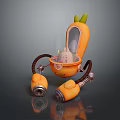 Orange Cartoon Carrot Shaped Vehicle With Small Rabbit Inside Mechanical Legs And Detectors