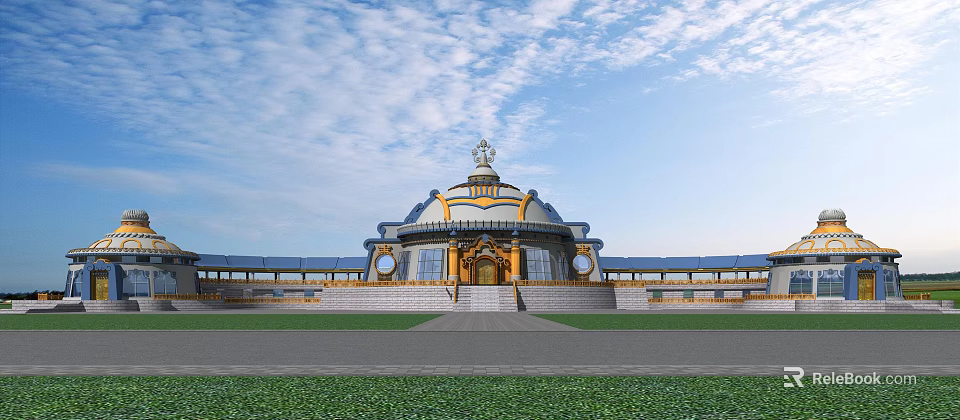 Traditional Hotel Building Exterior Design With Dome Roof Golden Decorations And Grand Steps 3d model 