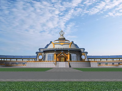 Traditional Hotel Building Exterior Design With Dome Roof Golden Decorations And Grand Steps 3d model