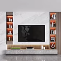Elegant TV Background Wall with Marble Panel Black TV Wooden Shelves Books and Green Plants