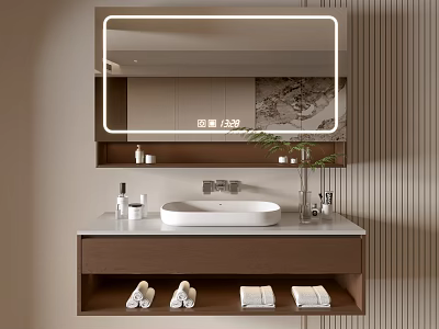 Bathroom Vanity Cabinet With LED Mirror White Countertop Wooden Design Toiletries Towels And Green Plant 3d model