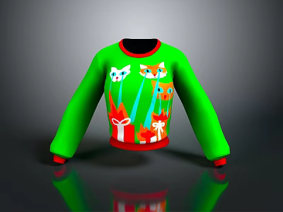 Green Sweater With Colorful Cat Patterns And Gift Box Designs For Daily Wear 3d model