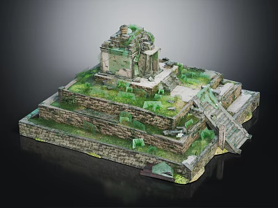 Ancient Ruins Model Displaying Multi Tiered Platform with Stone Walls Green Vegetation and Steps 3d model