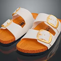 White Upper Double Strap Slippers With Golden Buckles And Orange Cork Sole For Daily Use